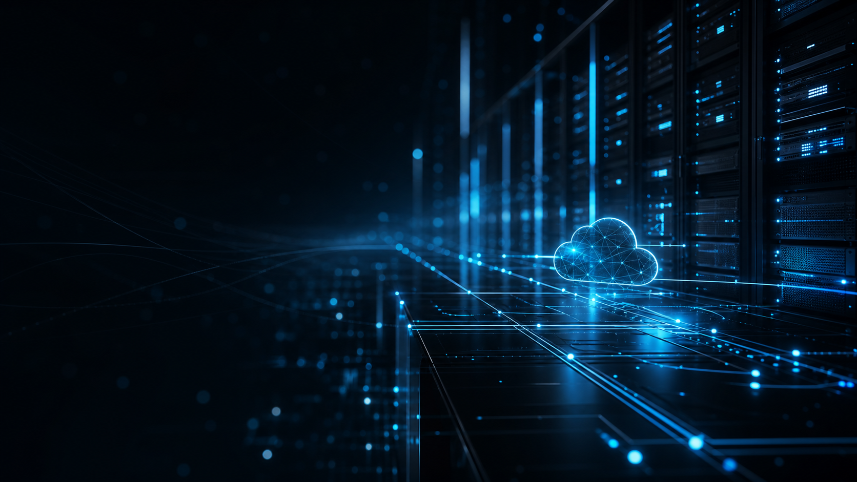Khong gian data center va cloud network 3D mau navy cyan